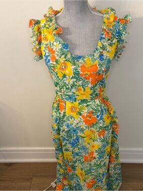 Vintage Midge Grant Floral Ruffle maxi Dress in Yellow & Orange, size 10